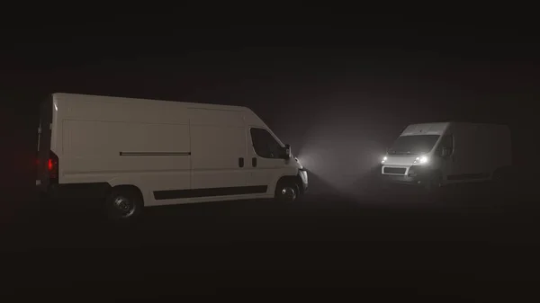 Dwa Białe Dostawcze Samochody Dostawcze Zwrócone Stronę Siebie Ciemności Renderowania — Zdjęcie stockowe