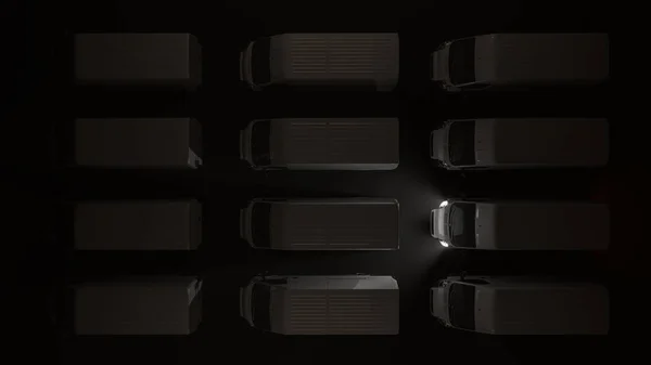 Top View White Delivery Vans Parked Dark Απόδοση — Φωτογραφία Αρχείου