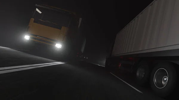 Low Angle View Two Container Trucks Moving Directions Road Night — 스톡 사진