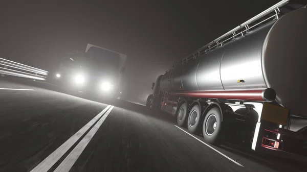 Diğer kamyonlarla birlikte 3D Renderleme Gecesinde Karşıt Yönlerde Yürüyen Bir Tanker Kamyonu Düşük Açı Görünümü