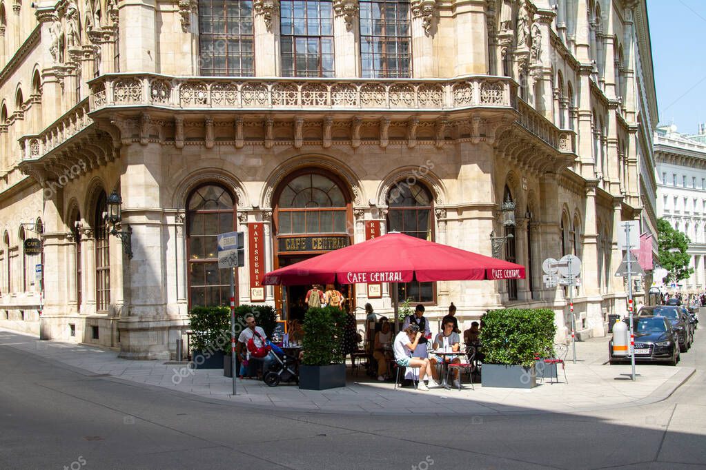 Vienna, Austria, July 24, 2021. Cafe Central terrace. From 1975 to 1982, the building was renovated and the Cafe Central reopened its doors. Since then the private building has been known as Palais Ferstel
