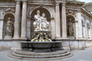 Vienna, Austria, July 21, 2021, fountain with the statues of Danubius and Vindobona. Danubius and Vindobona, allegorical representations of the Danube and the city of Vienna, Albrechtsbrunnen, Albertinaplatz