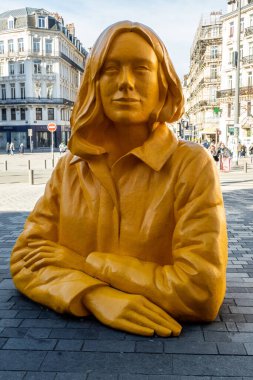Lille, France, February 28, 2022. Sculpture of Romy by artist Xavier Veilhan on the forecourt of Lille-Flandres train station.