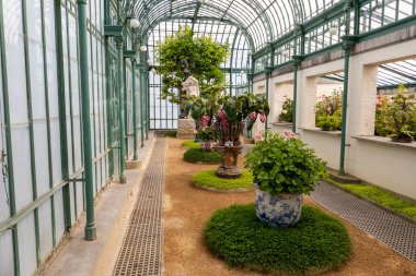 Brüksel, Belçika, 4 Mayıs 2022. Laeken Kraliyet Seraları, Laeken Kraliyet Kalesi. Klasik tarz seralar 1873 yılında Alphonse Balat tarafından tasarlandı. Çadırlar, kubbeler ve galerilerle birlikte..