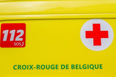 Floreffe, Belgium, July 31, 2022. an ambulance with the call number 112 and red cross