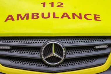 Floreffe, Belgium, July 31, 2022. Call number 112 on a Belgian ambulance during the Floreffe festival