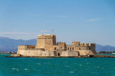 Nafplio, Greece, July 17, 2022.The Bourdzi or Bourtzi fortress. Nafplion is a Greek city in the Peloponnese.