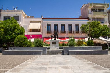 Sparta, Greece, July 20, 2022. statue of a Spartan soldier in the main square of Sparta