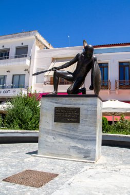 Sparta, Greece, July 20, 2022. statue of a Spartan soldier in the main square of Sparta