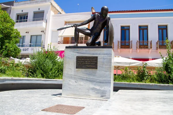 Sparta, Greece, July 20, 2022. statue of a Spartan soldier in the main square of Sparta