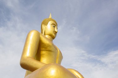 Tayland, Nonthaburi 'deki Wat Bangchak' ta altın Buda heykeli..