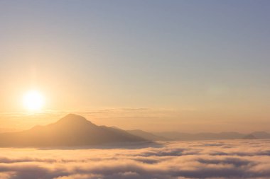 Tayland 'ın Loei Eyaleti, Chiang Khan' daki Phu Thok Dağı 'nda güzel bir güneş ışığı ve sis var..