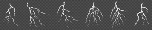 ホワイトライトニングシルエットセット 雷雨の設計のための要素 透明背景に孤立したベクトル図 — ストックベクタ
