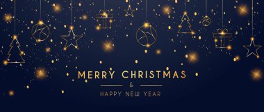 Noel ve Yeni Yıl afişi ve asılı top süslemesi. Tatil afişi, web posteri, el ilanı, şık bir broşür, tebrik kartı, kapak. Xmas arkaplanı