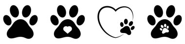 Kalp sembollü pençe izi simgesi. Hayvan silueti. Vektör illüstrasyonu