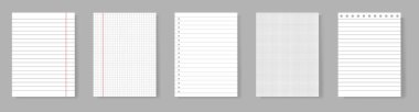 Gerçekçi çizgili not kâğıtları. Ev ödevleri ve egzersizler için boş defter kağıtları. Gri arkaplanda izole edilmiş vektör illüstrasyonu