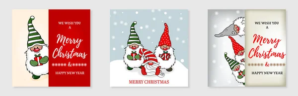 Merry Christmas Happy New Year Greeting Card Set Cute Gnomes — Stock Vector