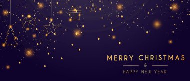 Noel ve Yeni Yıl afişi ve asılı top süslemesi. Tatil afişi, web posteri, el ilanı, şık bir broşür, tebrik kartı, kapak. Xmas arkaplanı