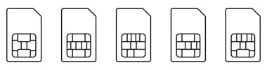 SIM kart ince çizgi simgesi seti. Beyaz arkaplanda izole edilmiş doğrusal vektör çizimi