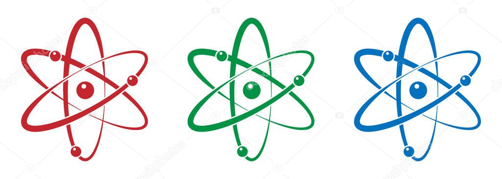 Atom icon in flat design. Set molecule symbol or atom symbol in different colors. Vector illustration