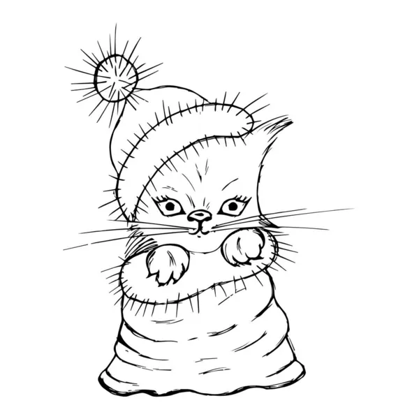 El gatito de Año Nuevo en el sombrero y en la bolsa. Un gatito en una bolsa. Sorpresa. Ilustración vectorial — Archivo Imágenes Vectoriales
