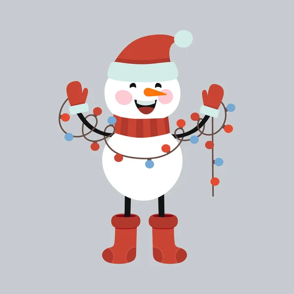 Muñeco de nieve divertido, un muñeco de nieve en un traje colorido con una guirnalda en sus manos. vector — Archivo Imágenes Vectoriales