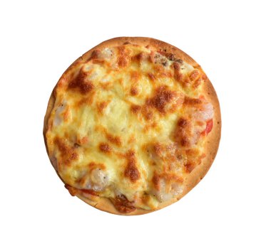 Beyaz arka planda izole edilmiş, gölgesiz, dilimsiz ve pizza dilimsiz peynirli pizza.