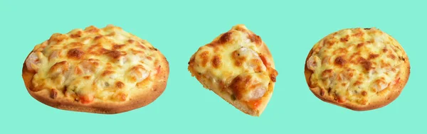Cheese Pizza Isolated Green Mint Background Clipping Path Shadow Set — Stock Photo, Image