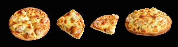 Pizza Serowa Izolowana Czarnym Tle Ścieżką Wycinania Bez Cienia Komplet — Zdjęcie stockowe