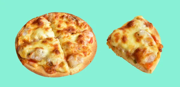 Cheese Pizza Isolated Green Mint Background Clipping Path Shadow Set Stock Picture