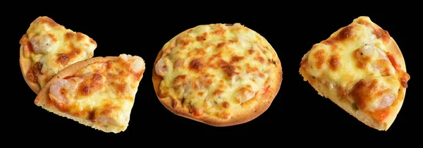 Pizza Queso Aislada Fondo Negro Con Recorte Sin Sombra Conjunto Imagen de stock