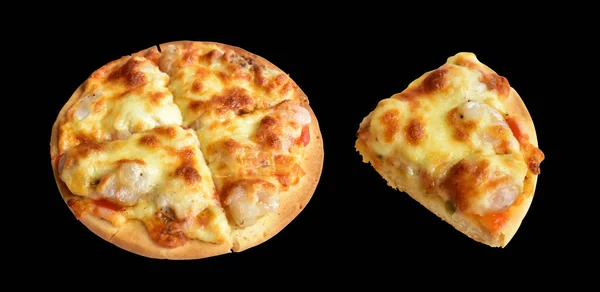 クリッピングパスと黒の背景に隔離されたチーズピザ 影なし 全体のセット スライスやピザの作品 ストック画像