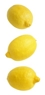 Kesme yolu ile izole edilmiş taze sarı limon meyvesi, gölge yok, parçalar, yarısı, beyaz arka planda dilimler