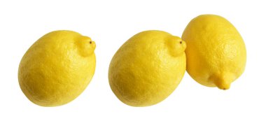 Kesme yolu ile izole edilmiş taze sarı limon meyvesi, gölge yok, parçalar, yarısı, beyaz arka planda dilimler