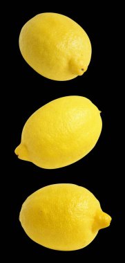 Kesme yolu ile izole edilmiş taze sarı limon meyvesi, gölge yok, parçalar, yarısı, siyah arka planda dilimler