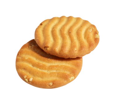 Yuvarlak bisküviler izole edilmiş, tatlı krakerler, kırpma yolu olan kurabiyeler, beyaz arka planda gölge yok.