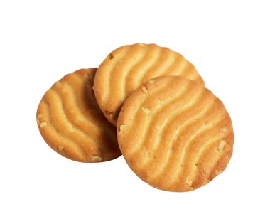 Yuvarlak bisküviler izole edilmiş, tatlı krakerler, kırpma yolu olan kurabiyeler, beyaz arka planda gölge yok.