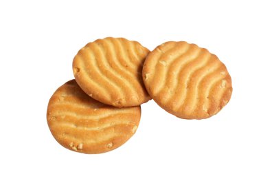Yuvarlak bisküviler izole edilmiş, tatlı krakerler, kırpma yolu olan kurabiyeler, beyaz arka planda gölge yok.
