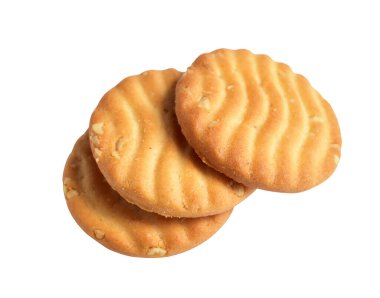 Yuvarlak bisküviler izole edilmiş, tatlı krakerler, kırpma yolu olan kurabiyeler, beyaz arka planda gölge yok.