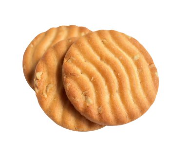 Yuvarlak bisküviler izole edilmiş, tatlı krakerler, kırpma yolu olan kurabiyeler, beyaz arka planda gölge yok.