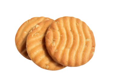 Yuvarlak bisküviler izole edilmiş, tatlı krakerler, kırpma yolu olan kurabiyeler, beyaz arka planda gölge yok.