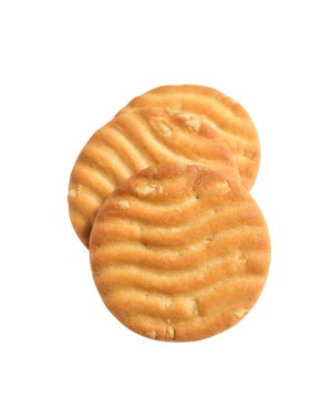 Yuvarlak bisküviler izole edilmiş, tatlı krakerler, kırpma yolu olan kurabiyeler, beyaz arka planda gölge yok.