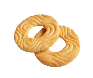 Yuvarlak bisküviler izole edilmiş, tatlı krakerler, kırpma yolu olan kurabiyeler, beyaz arka planda gölge yok.