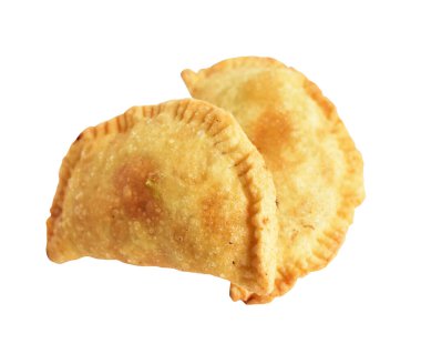 Kızarmış hamur köftesi et, sığır eti, domuz ya da deniz ürünleri, lahana, beyaz arka planda tavuk, kırpma yolu, gölge yok. Japon yemekleri, gyoza, Çin Dim Sum