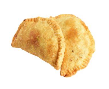 Kızarmış hamur köftesi et, sığır eti, domuz ya da deniz ürünleri, lahana, beyaz arka planda tavuk, kırpma yolu, gölge yok. Japon yemekleri, gyoza, Çin Dim Sum