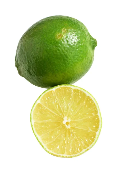 Fresh Green Lemon Fruit Isolated Clipping Path Shadow Pieces Half — Stock Photo, Image