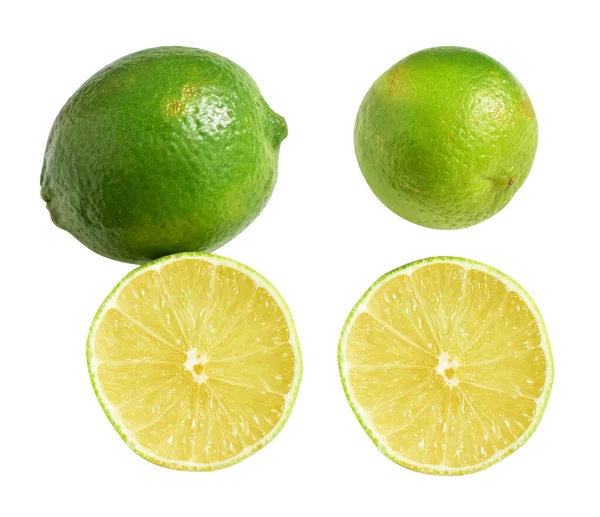 Frische Grüne Zitronenfrucht Isoliert Mit Schneideweg Kein Schatten Stücke Hälfte — Stockfoto