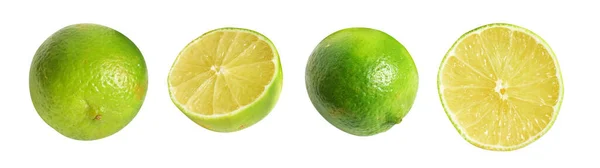 Φρέσκα Πράσινα Φρούτα Λεμονιού Απομονωμένα Μονοπάτι Χωρίς Σκιά Κομμάτια Μισά — Φωτογραφία Αρχείου
