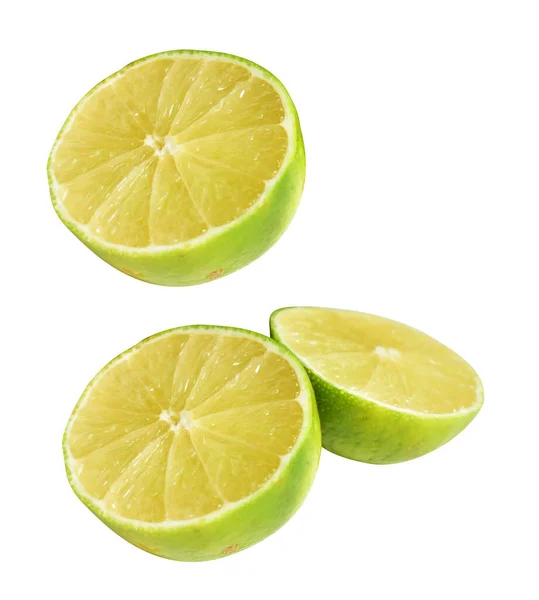 Fresh Green Lemon Fruit Isolated Clipping Path Shadow Pieces Half — Stock Photo, Image