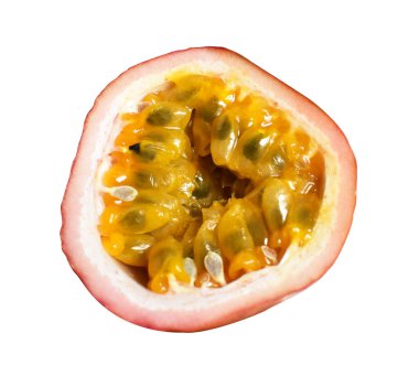 Taze tutkulu meyve dilimleri, yarısı, beyaz arka planda kırpma yolu ile izole edilmiş parçalar, gölge yok, sağlıklı meyve.